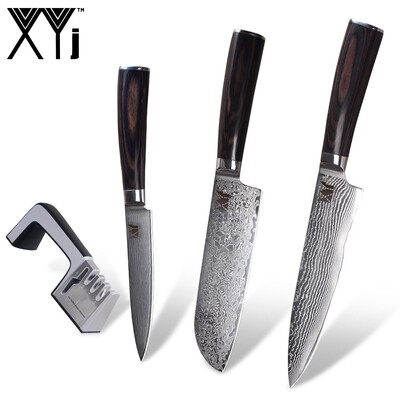 

XYj Damascus Steel Kitchen Knives VG10 Damascus Steel Blade Color Wood Handle Kithen Knife Sharpener Cooking Accessories