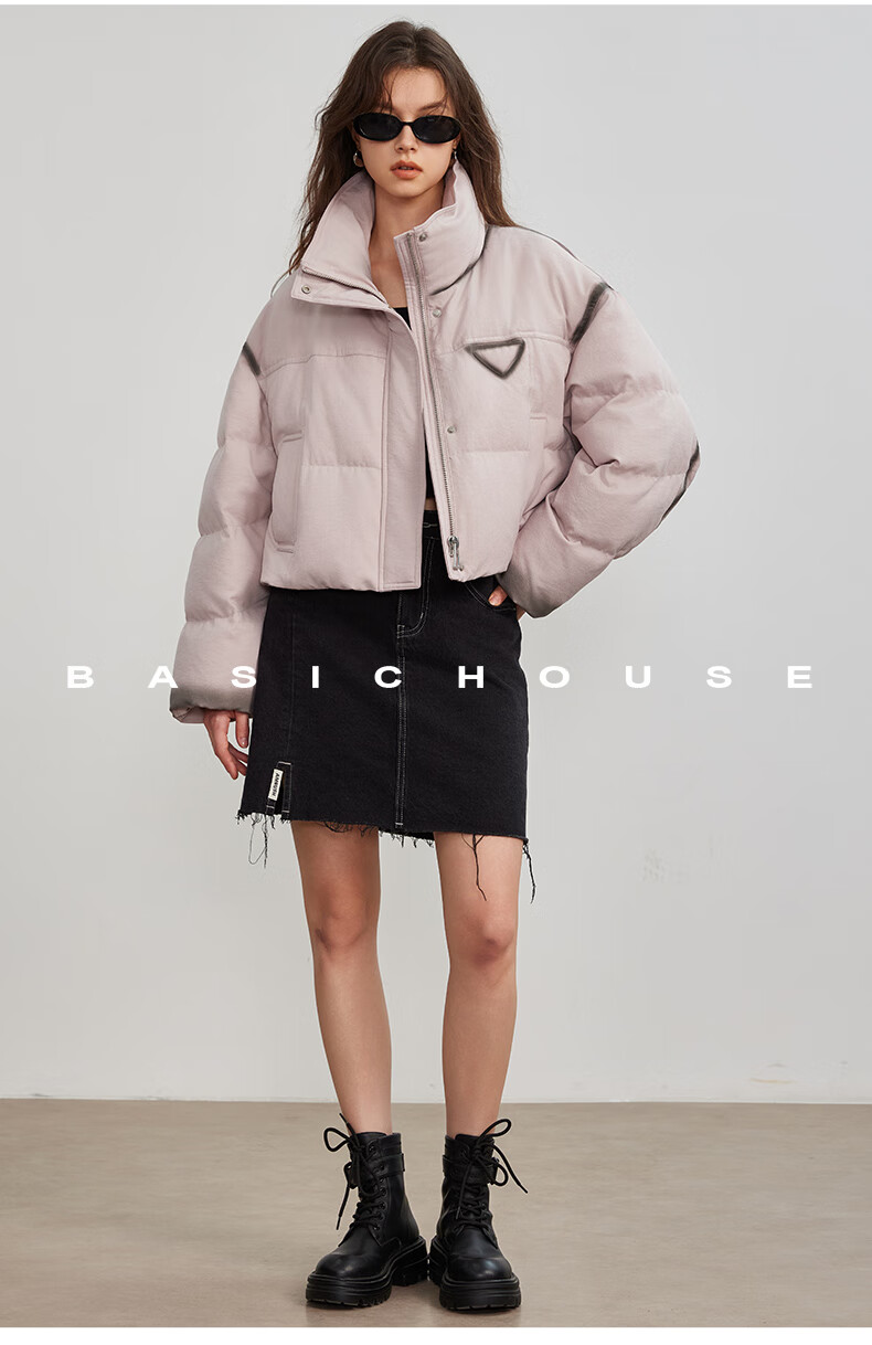 BASIC HOUSE/百家好撞色立鸭绒冬季厚外套粉色2024领短款羽绒服女2024冬季90鸭绒加厚外套 粉色 M详情图片25