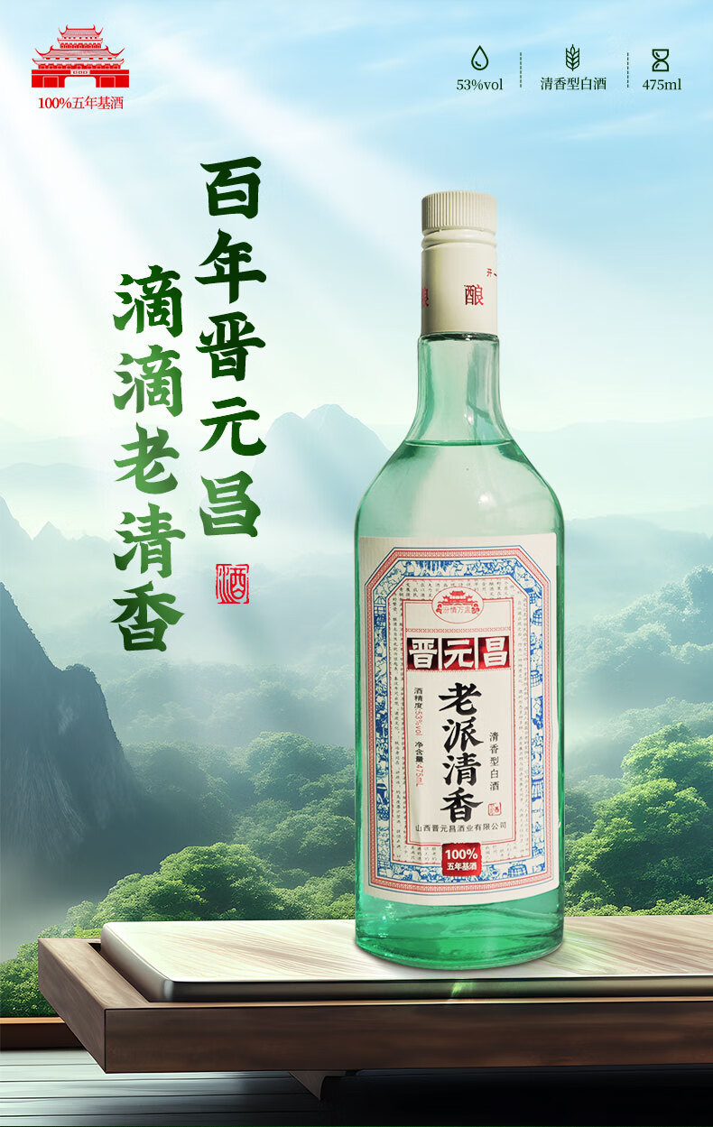 2，晉元昌老派清香型白酒純糧食釀造白酒 53度 475mL 6瓶 【送青花瓷酒具*1】