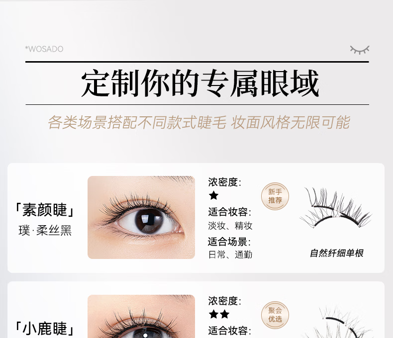 WOSADO悦瞳素颜睫软磁吸假睫毛女超自然重复持久整条零胶水自粘睫毛新手 柔丝黑 1对