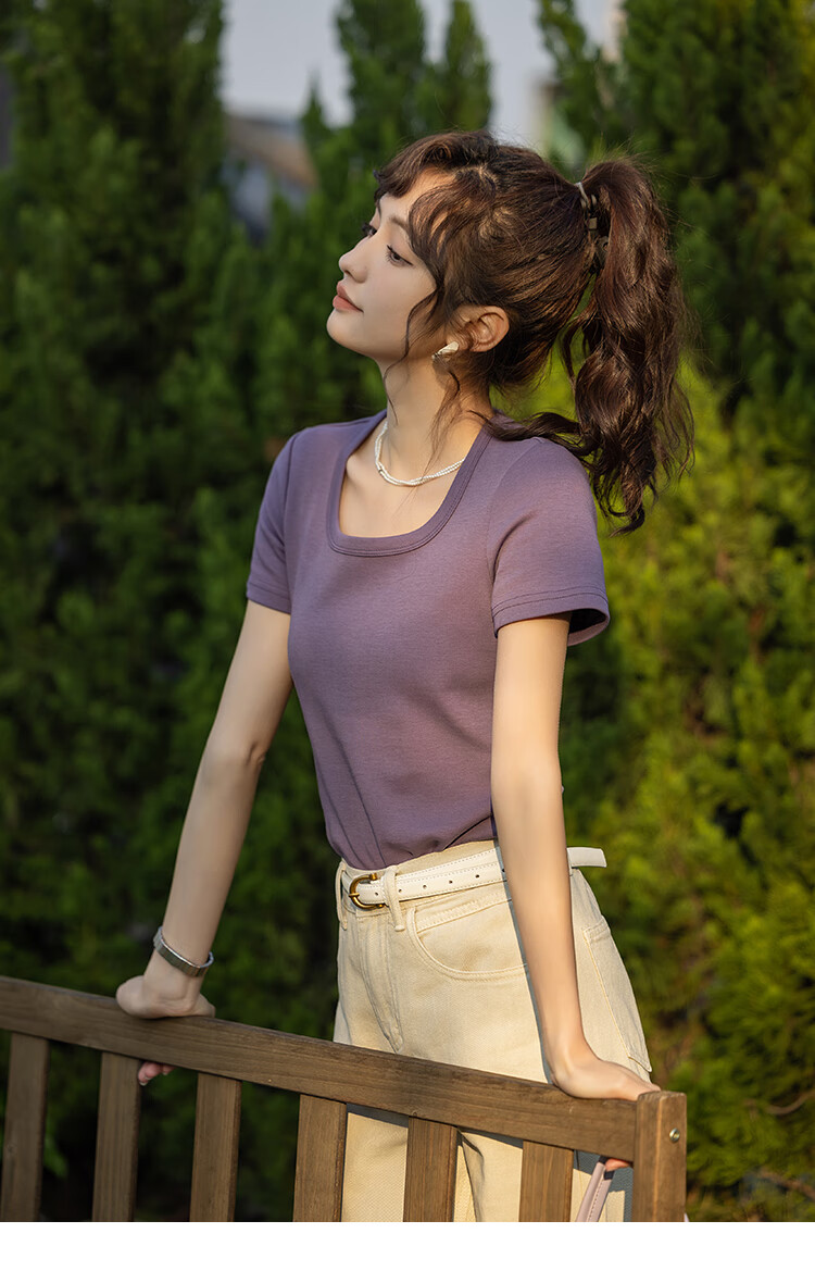 Mishow [] Women's Square Neck Short Sleeve T-Shirt 2026 Spring Summer New High-End Crop Top 46