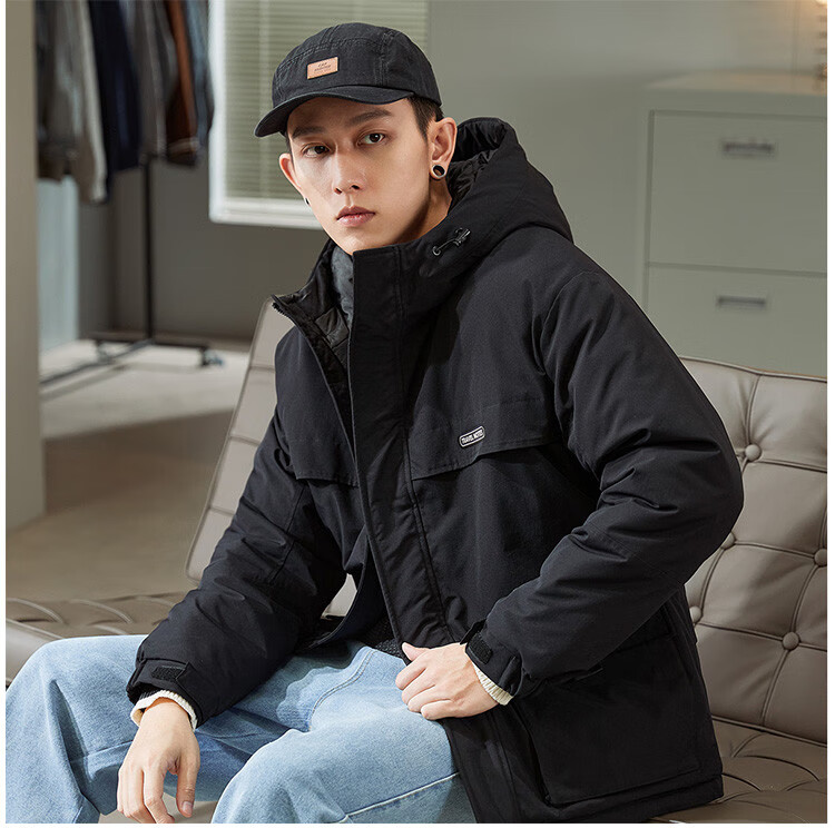 TonLion 2025 Winter New Men's Hooded Short Workwear Cotton Jacket with Chest Logo Thickened Coat 7