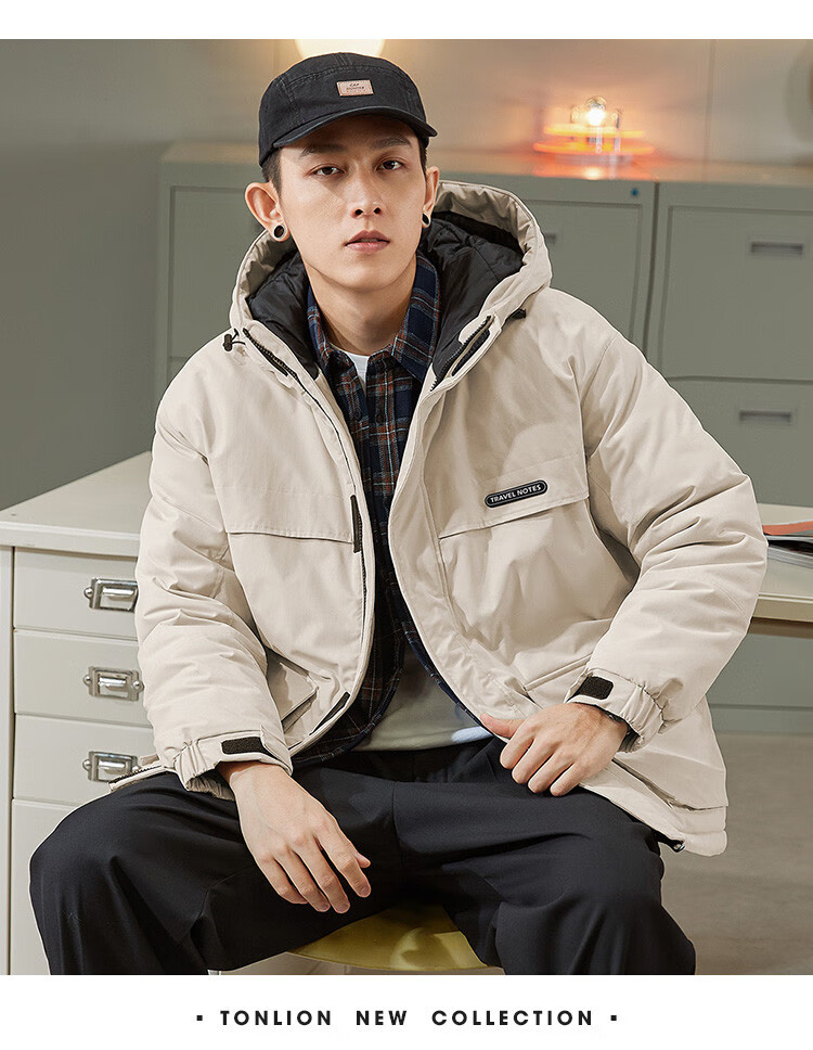TonLion 2025 Winter New Men's Hooded Short Workwear Cotton Jacket with Chest Logo Thickened Coat 9
