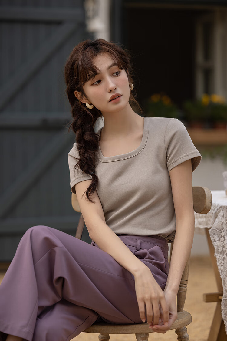Mishow [] Women's Square Neck Short Sleeve T-Shirt 2026 Spring Summer New High-End Crop Top 32