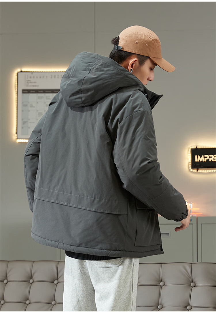 TonLion 2025 Winter New Men's Hooded Short Workwear Cotton Jacket with Chest Logo Thickened Coat 4