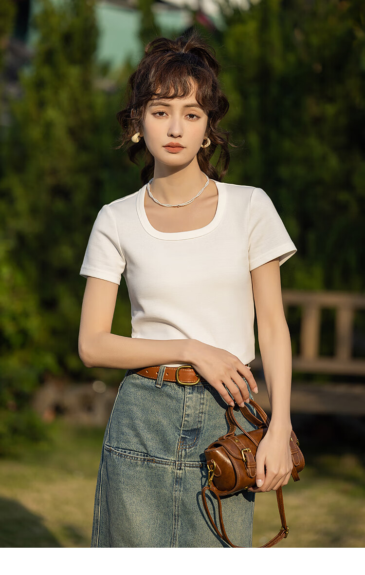 Mishow [] Women's Square Neck Short Sleeve T-Shirt 2026 Spring Summer New High-End Crop Top 36