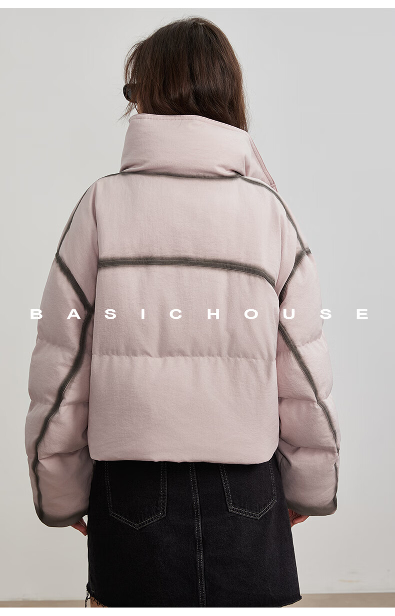 BASIC HOUSE/百家好撞色立鸭绒冬季厚外套粉色2024领短款羽绒服女2024冬季90鸭绒加厚外套 粉色 M详情图片33