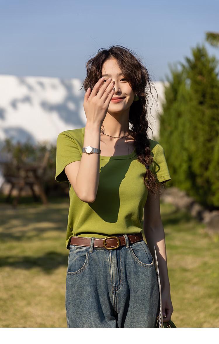 Mishow [] Women's Square Neck Short Sleeve T-Shirt 2026 Spring Summer New High-End Crop Top 64