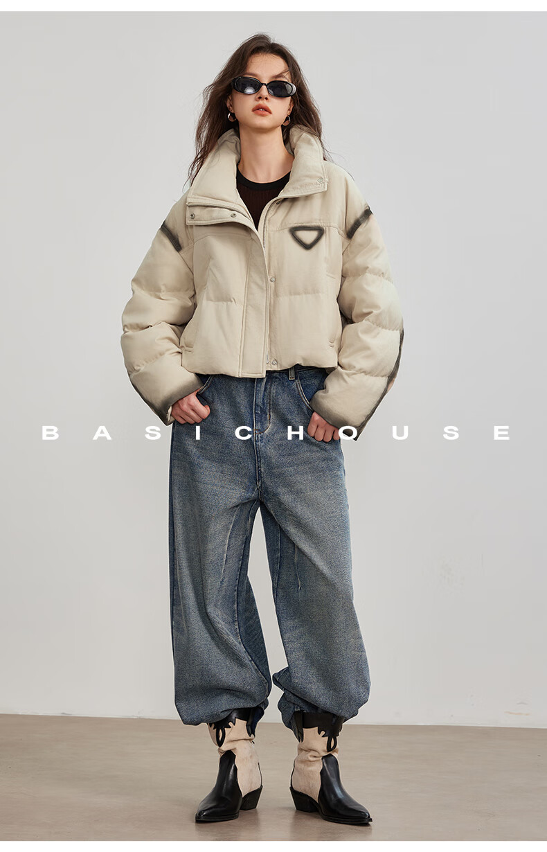 BASIC HOUSE/百家好撞色立鸭绒冬季厚外套粉色2024领短款羽绒服女2024冬季90鸭绒加厚外套 粉色 M详情图片36