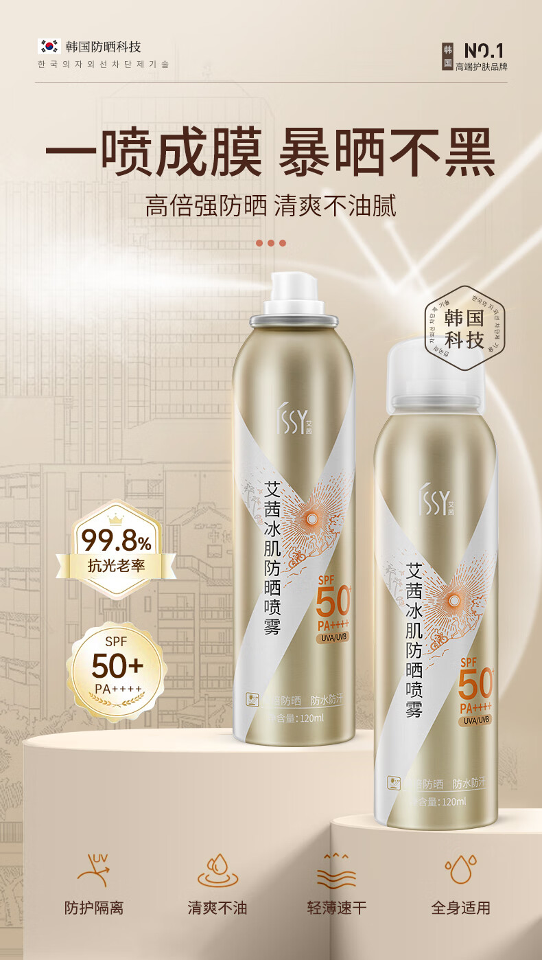 艾茜冰肌防晒喷雾SPF50+PA++++小黄帽防护喷雾防晒霜隔离遮瑕军训防晒 1瓶体验装【120ml】