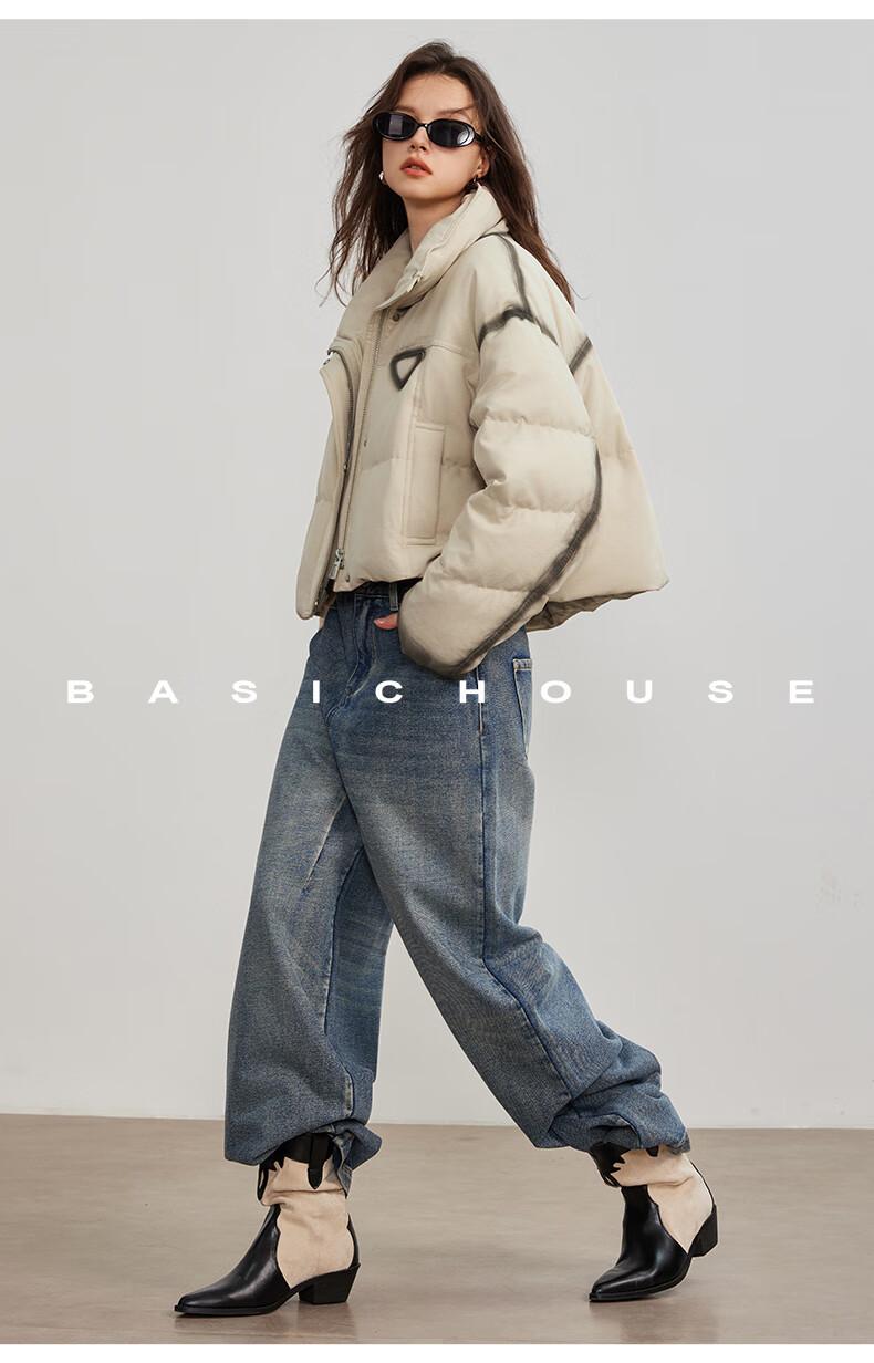 BASIC HOUSE/百家好撞色立鸭绒冬季厚外套粉色2024领短款羽绒服女2024冬季90鸭绒加厚外套 粉色 M详情图片37