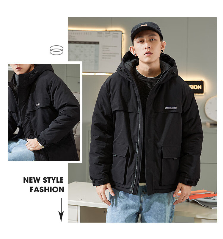 TonLion 2025 Winter New Men's Hooded Short Workwear Cotton Jacket with Chest Logo Thickened Coat 5