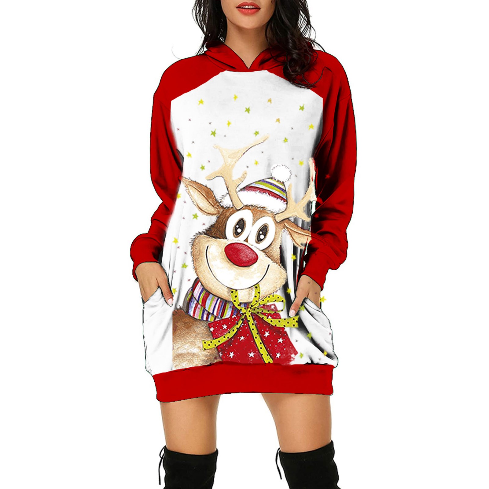 Women Christmas Xmas Reindeer Costume Jumper Coat Hooded Dress Dresses Plus Size 