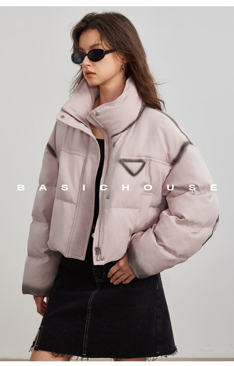 BASIC HOUSE/百家好撞色立鸭绒冬季厚外套粉色2024领短款羽绒服女2024冬季90鸭绒加厚外套 粉色 M详情图片32