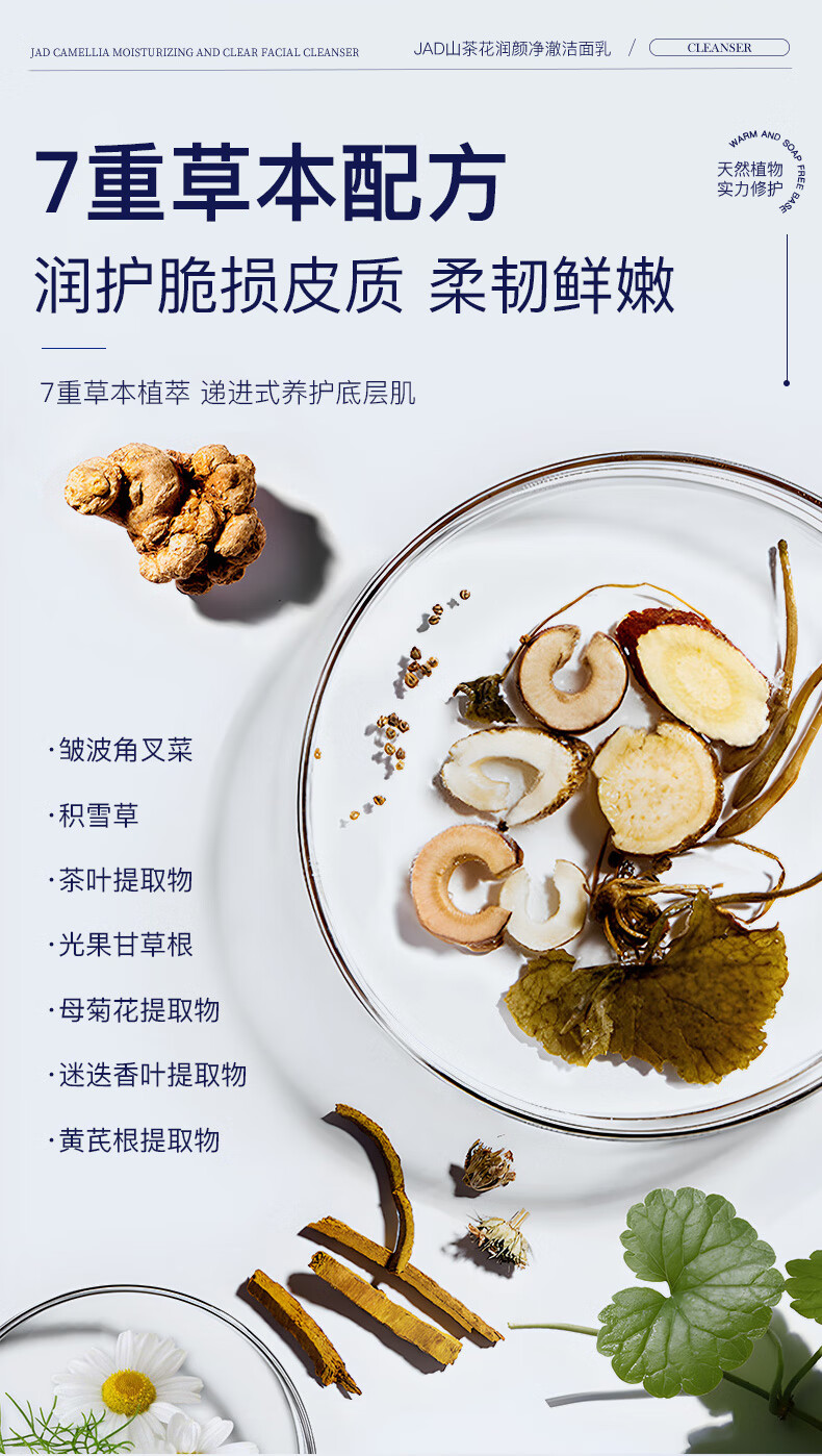 JAD山茶花润颜净澈玻尿酸洗面奶洁面乳100g 洗后不紧绷温和深层清洁 山茶花洁面乳100g