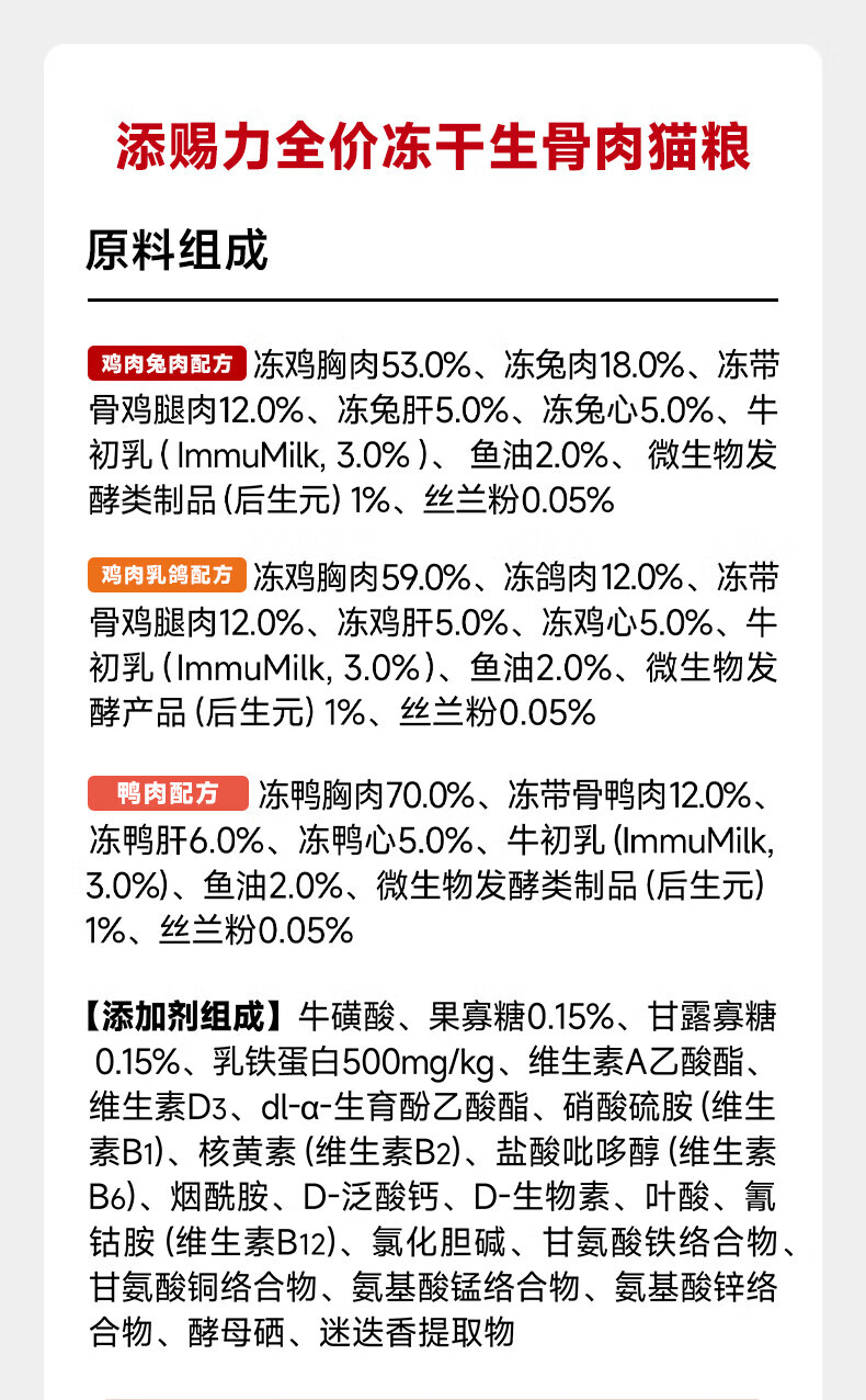 12，添賜力生骨肉主食凍乾寵物全價全堦段成幼貓糧乳鴿雞肉兔肉鴨肉天賜力 3袋 20g 三種口味