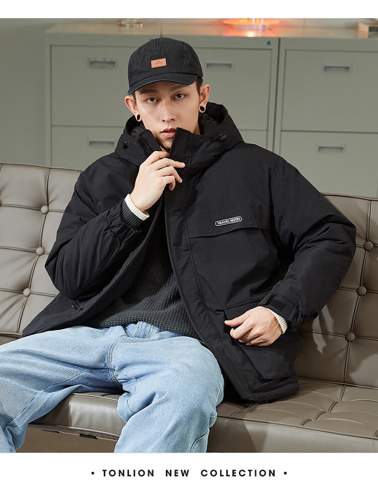 TonLion 2025 Winter New Men's Hooded Short Workwear Cotton Jacket with Chest Logo Thickened Coat 6