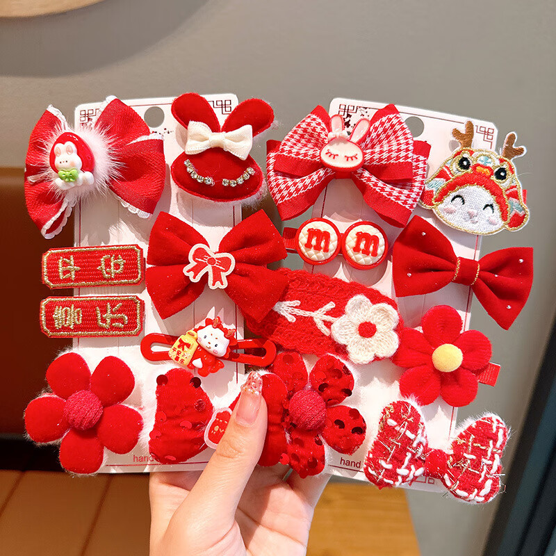 南暖美妆护肤其他美妆工具中国风蝴蝶结布艺发卡头饰可爱新年发饰喜庆 【8件套大红套装】-款式随机 品质新年发卡套装