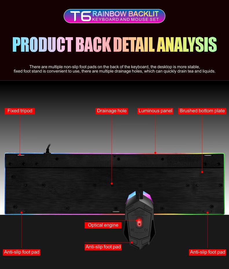 32，T6有線七彩發光背光USB鍵磐鼠標套裝機械手感lol背光鍵鼠 米狼T6黑色發光套裝