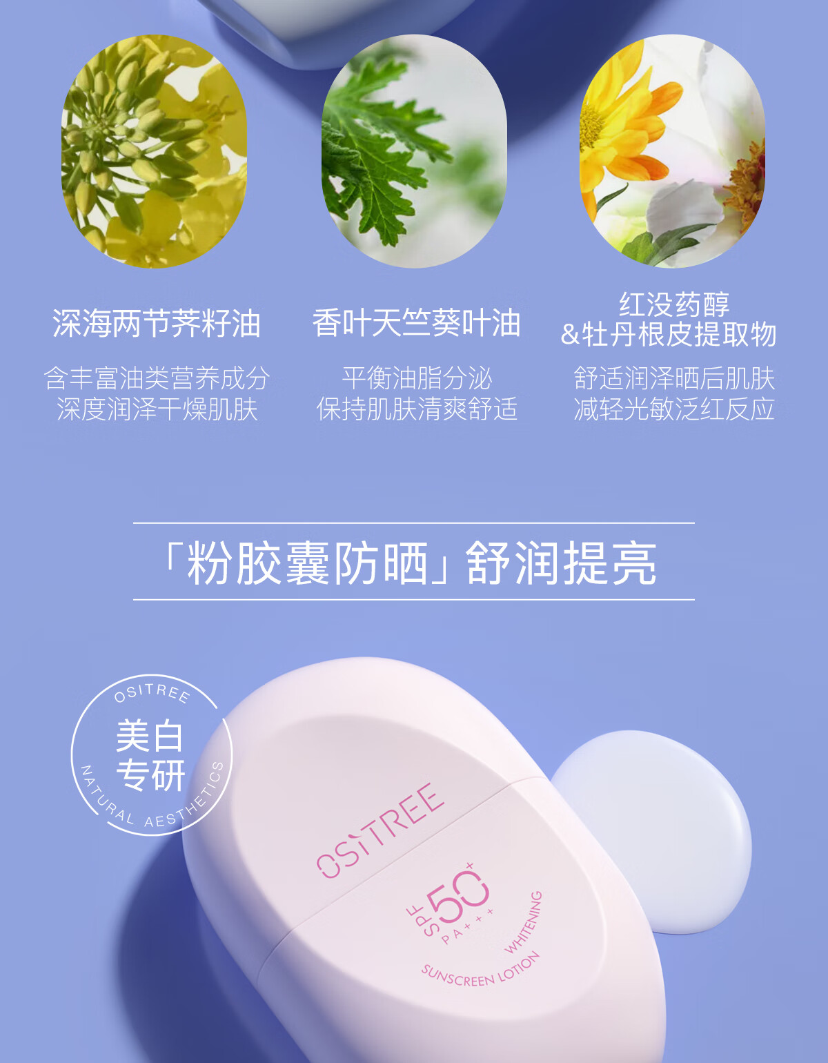柳丝木（Ositree）防晒霜乳spf50+女面部美白物理学生军训户外海边高倍情人节礼物 【蓝胶囊】物理防晒45g