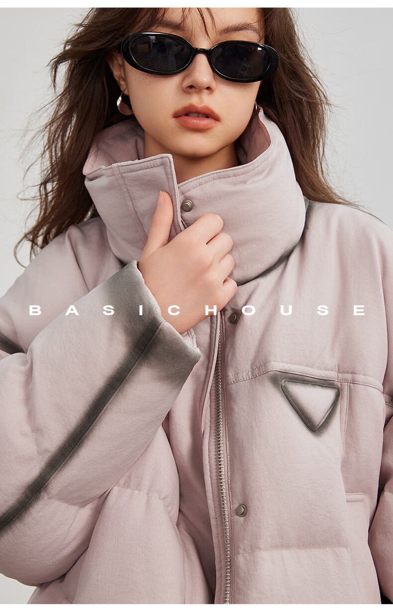 BASIC HOUSE/百家好撞色立鸭绒冬季厚外套粉色2024领短款羽绒服女2024冬季90鸭绒加厚外套 粉色 M详情图片28