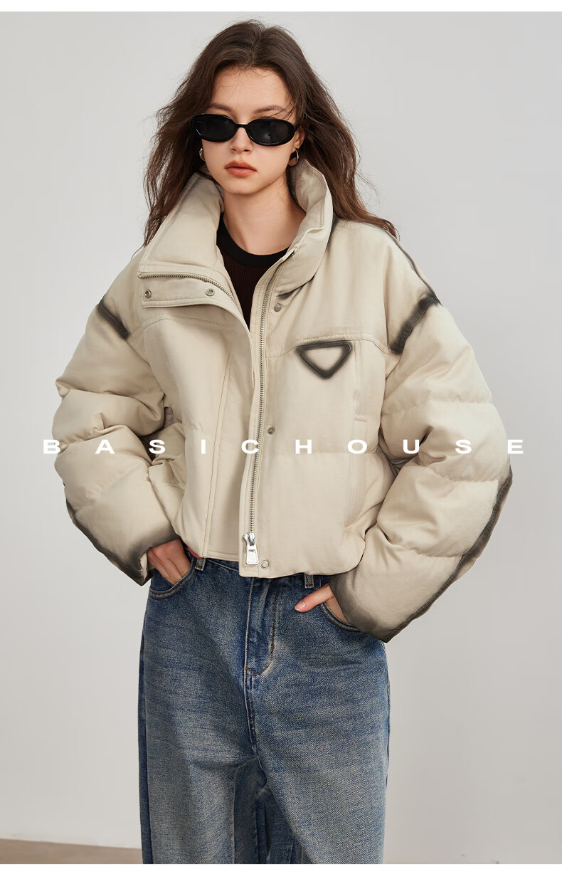 BASIC HOUSE/百家好撞色立鸭绒冬季厚外套粉色2024领短款羽绒服女2024冬季90鸭绒加厚外套 粉色 M详情图片40