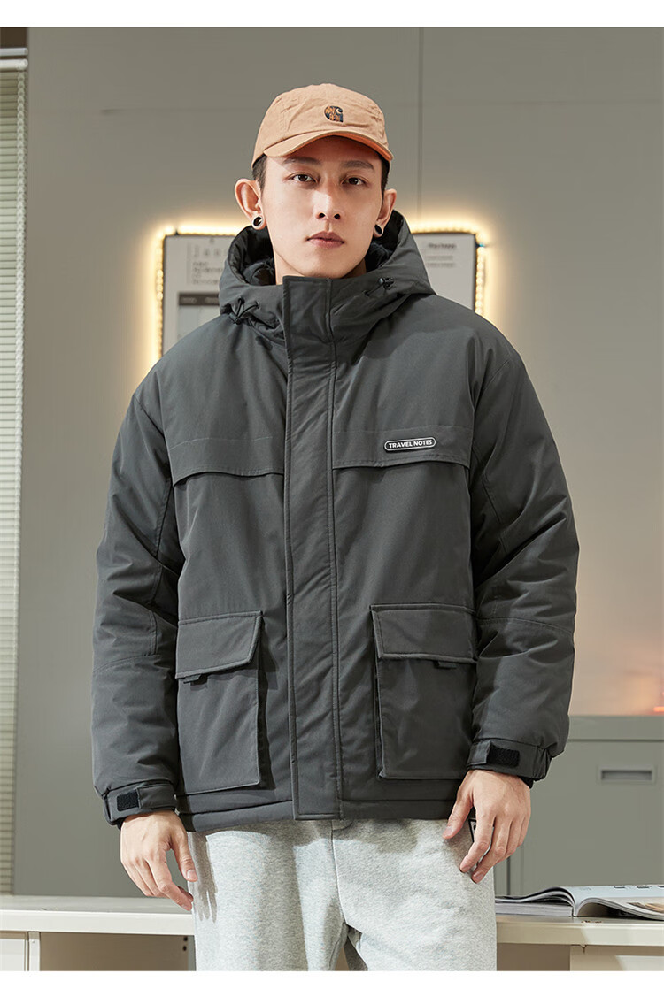 TonLion 2025 Winter New Men's Hooded Short Workwear Cotton Jacket with Chest Logo Thickened Coat 3