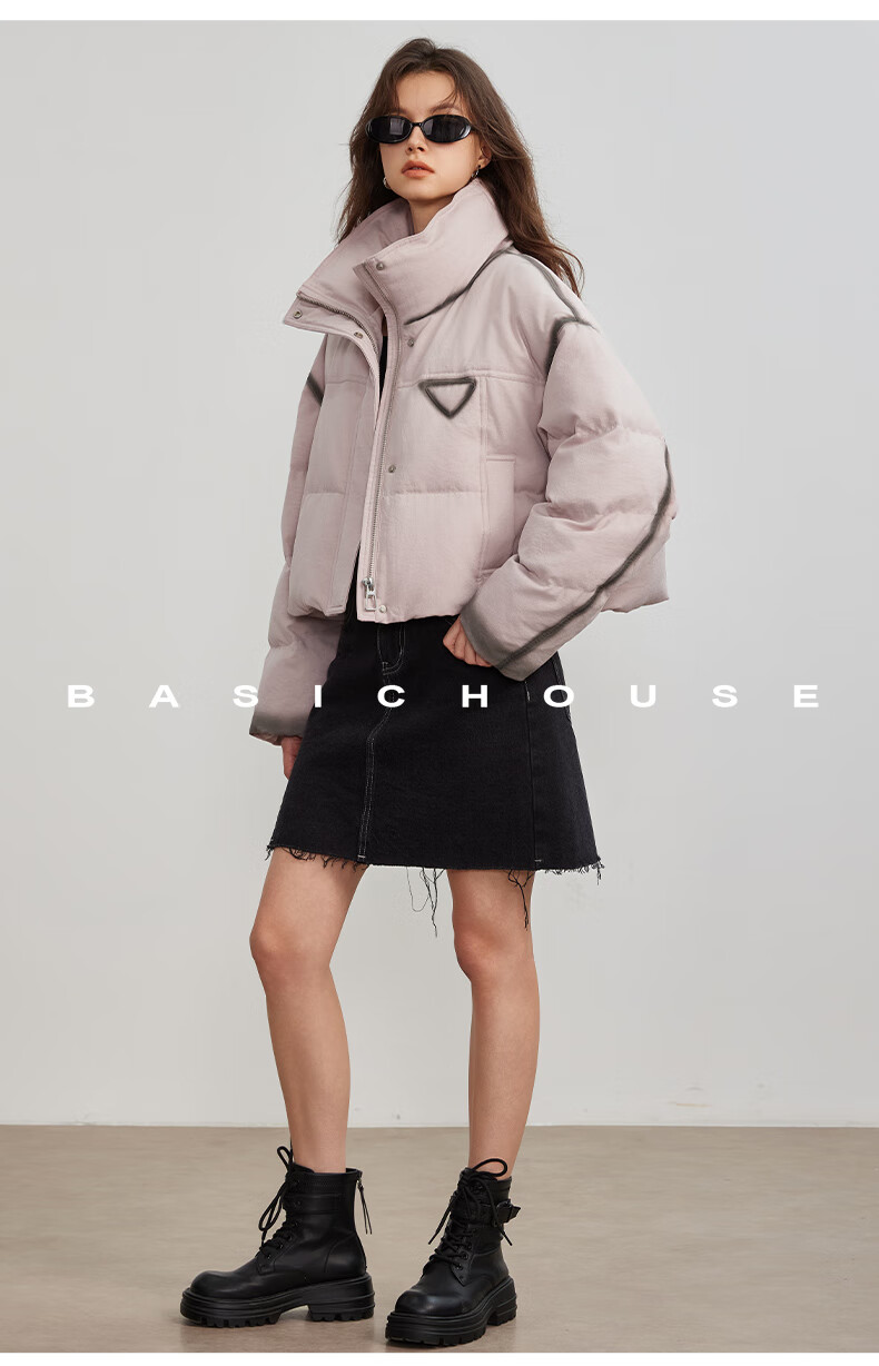 BASIC HOUSE/百家好撞色立鸭绒冬季厚外套粉色2024领短款羽绒服女2024冬季90鸭绒加厚外套 粉色 M详情图片29