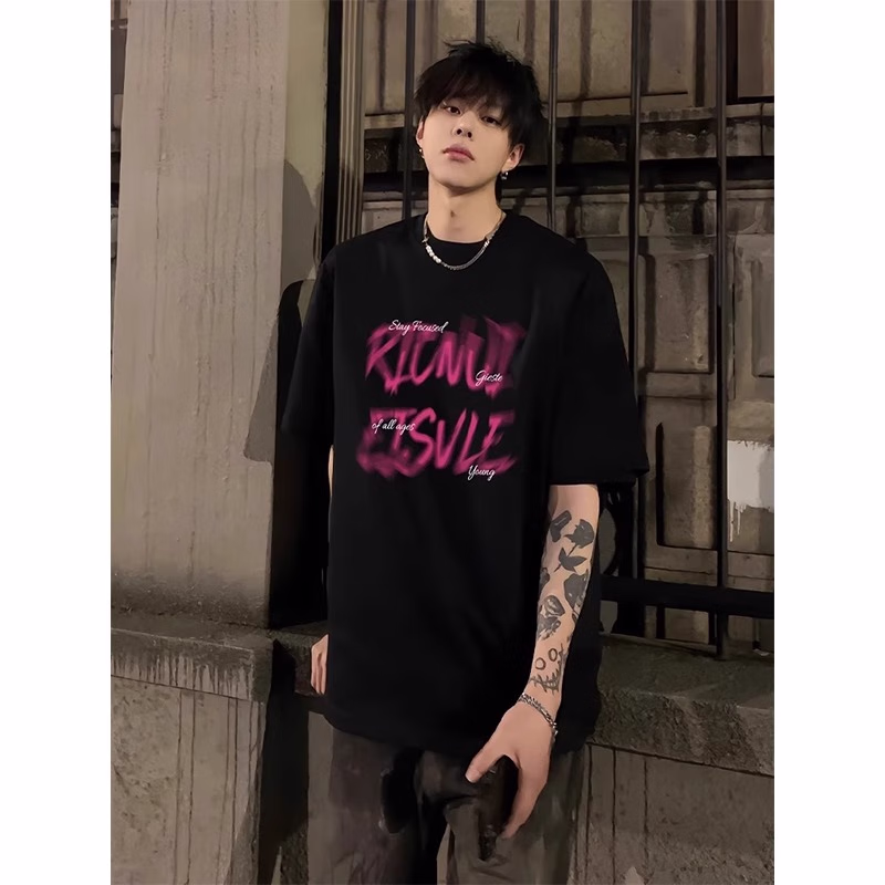 Herren T-shirt Aus Schwerer Baumwolle Kurzarm Schwarz Locker_voghion.com