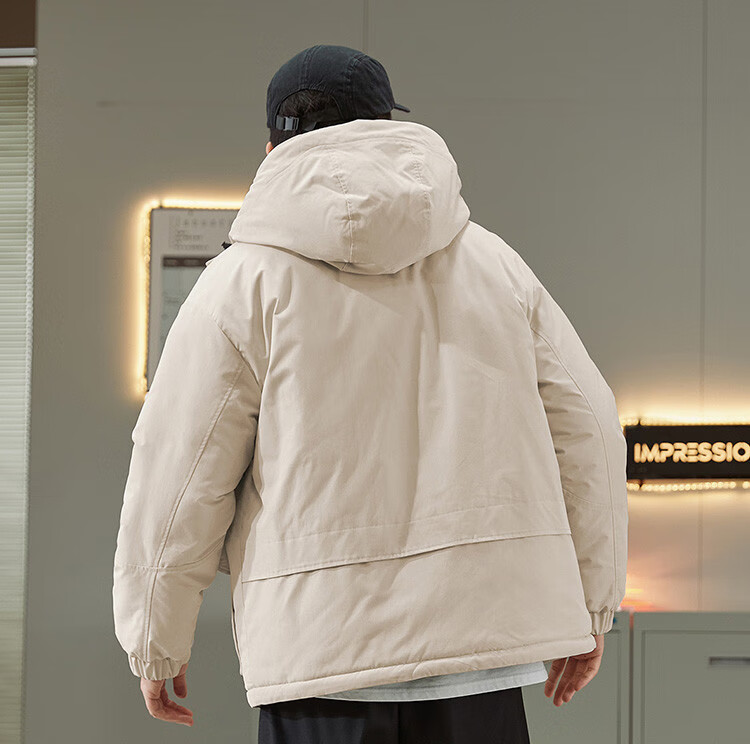TonLion 2025 Winter New Men's Hooded Short Workwear Cotton Jacket with Chest Logo Thickened Coat 10