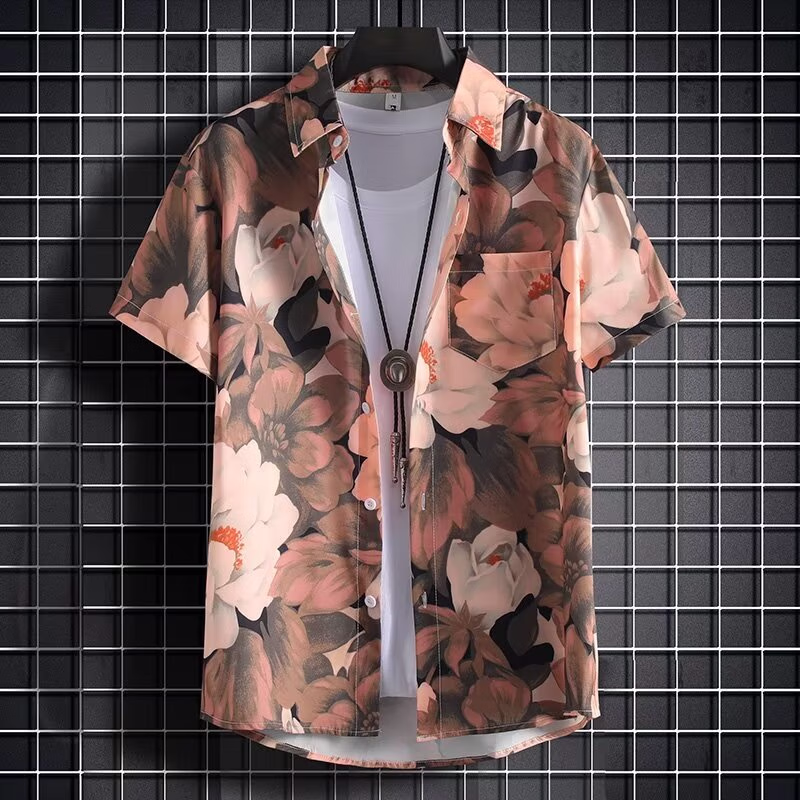 Flower Shirt Men's Short-sleeved 2025 Summer New Trendy Handsome Shirt Men's Casual Loose Half-sleeved Top And Jacket C112 White 3XL_viptrois.com