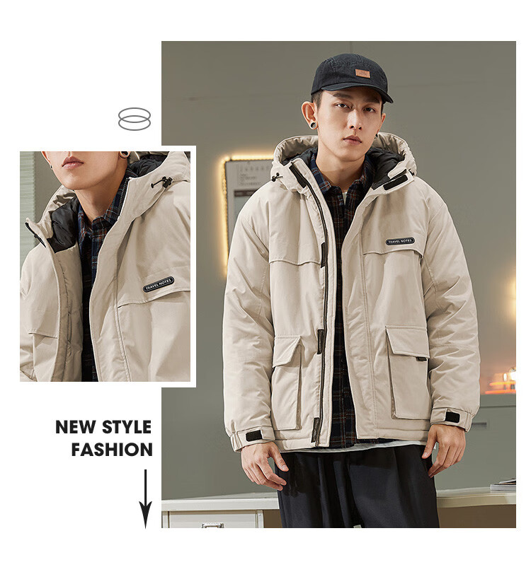 TonLion 2025 Winter New Men's Hooded Short Workwear Cotton Jacket with Chest Logo Thickened Coat 8