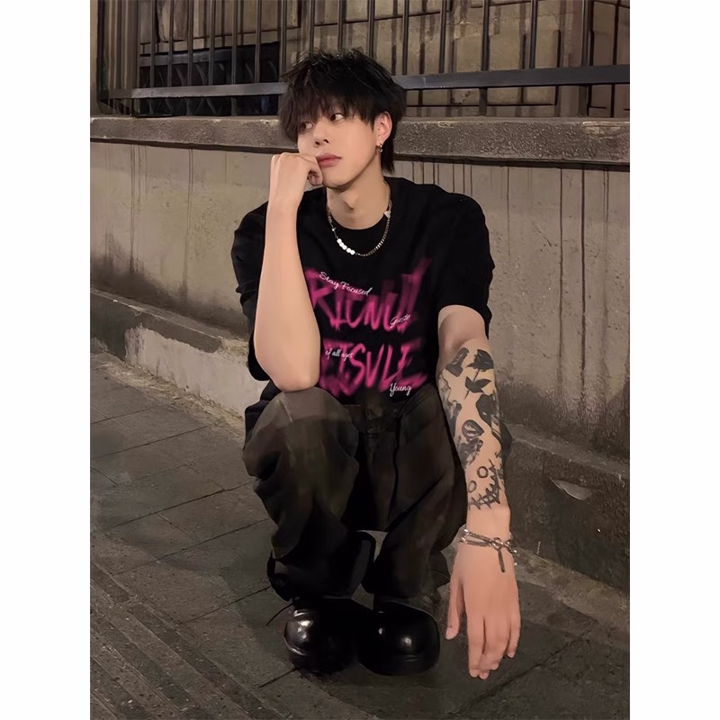 Herren T-shirt Aus Schwerer Baumwolle Kurzarm Schwarz Locker_voghion.com