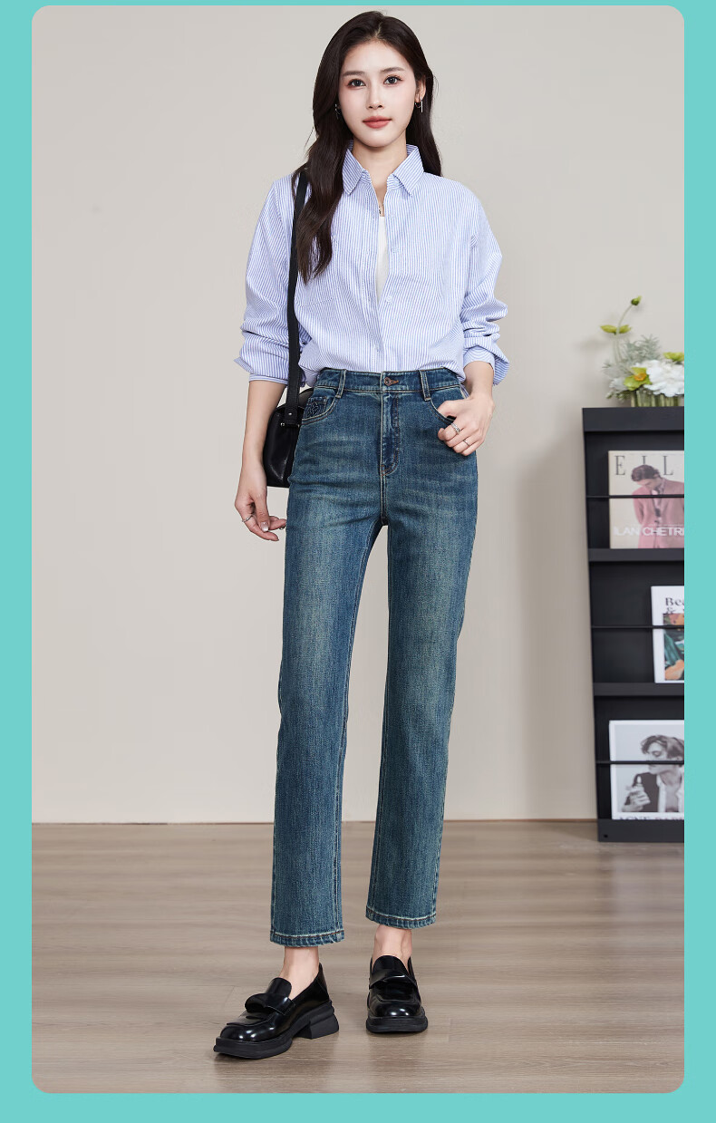 ESE-Y Straight-Leg Jeans for Women, New Spring 2025 Style, Elastic Slimming for Petite Figures, Vintage Blue, Size 30 2