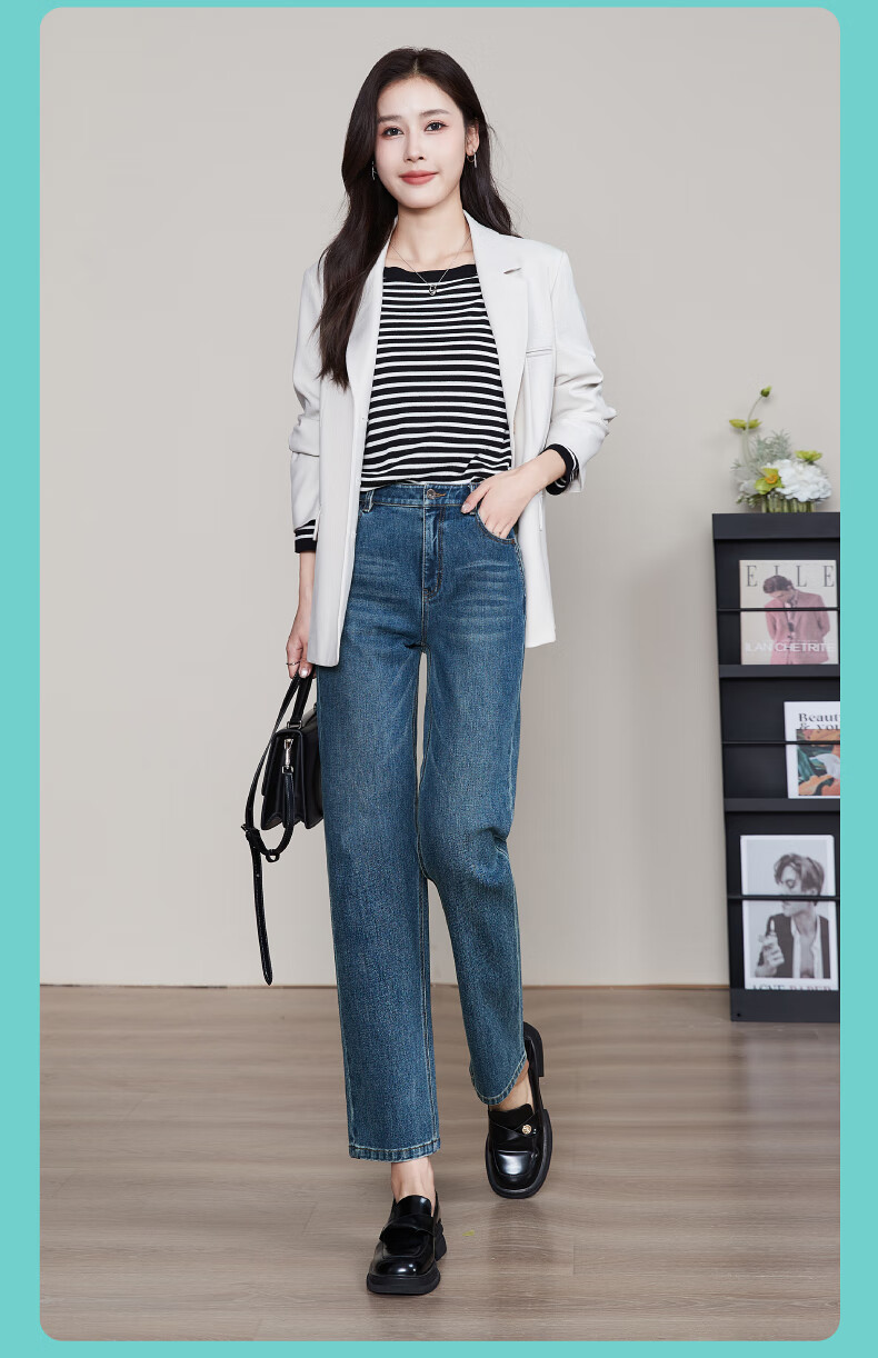 ESE-Y Spring 2025 New Slim-Fit Straight-Leg Jeans for Women with Four-Way Stretch, Slimming Effect, Ankle-Length, Denim Blue, Size 27 16