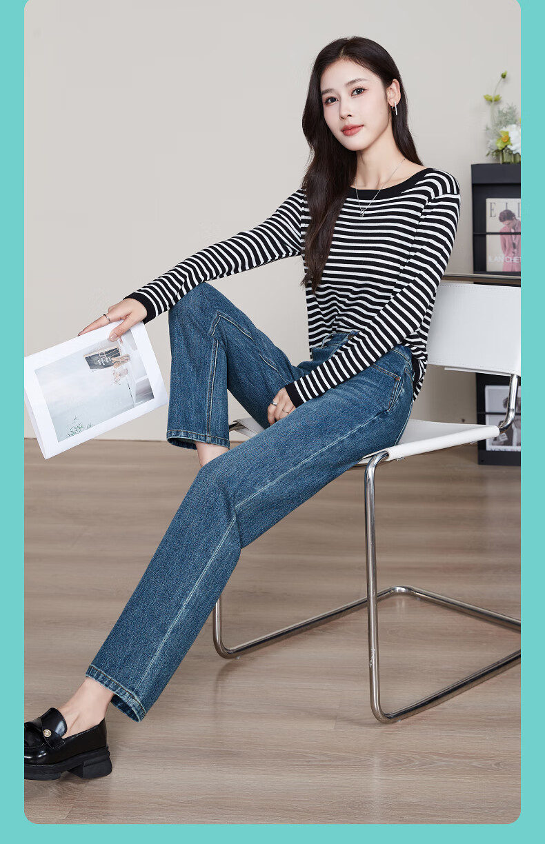 ESE-Y Spring 2025 New Slim-Fit Straight-Leg Jeans for Women with Four-Way Stretch, Slimming Effect, Ankle-Length, Denim Blue, Size 27 2