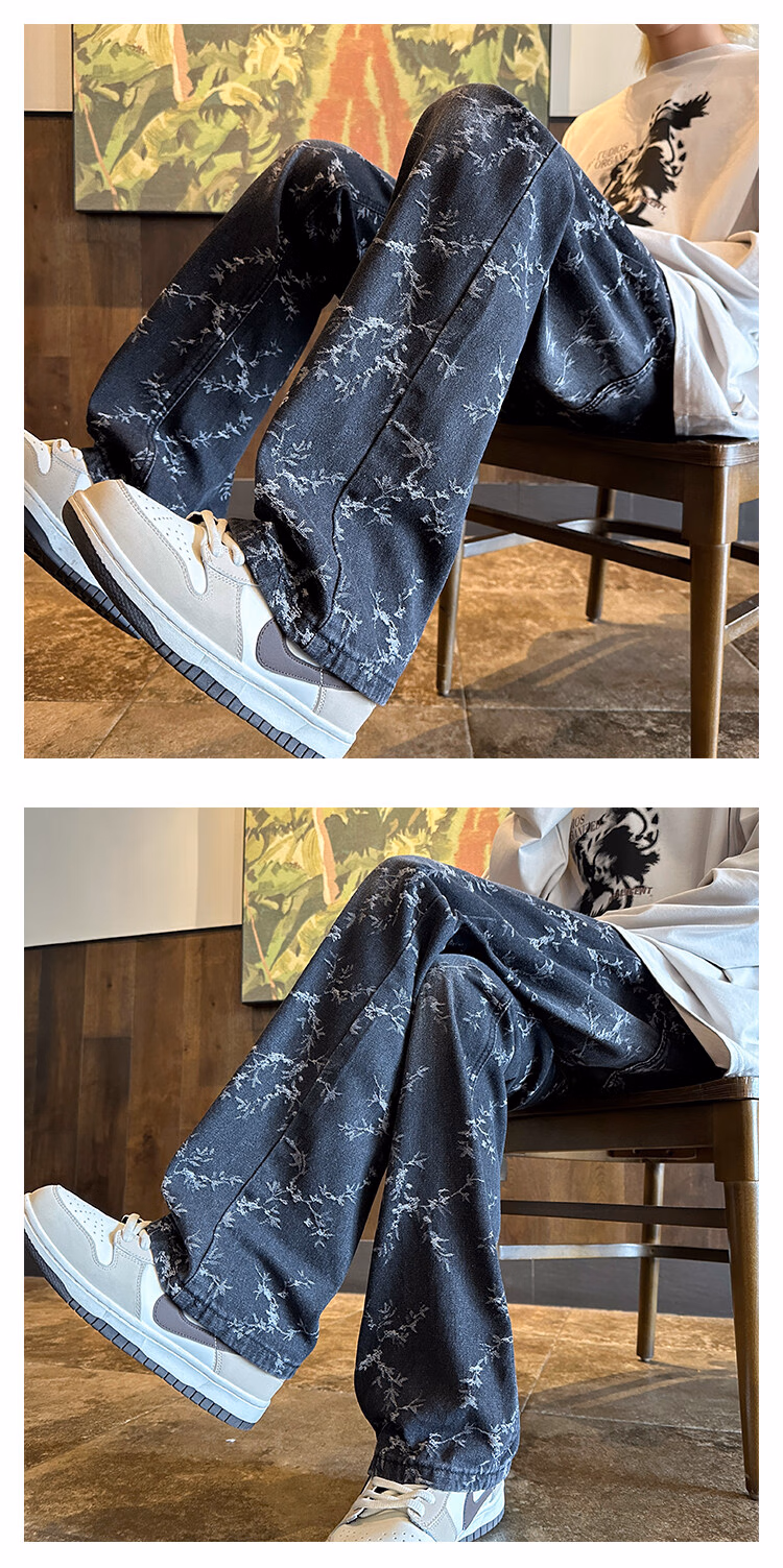 Bramble Jacquard Jeans Men's American Washed Retro Old Vibe Pants Loose Straight Wide-leg Casual Trousers, Light Blue S_viptrois.com