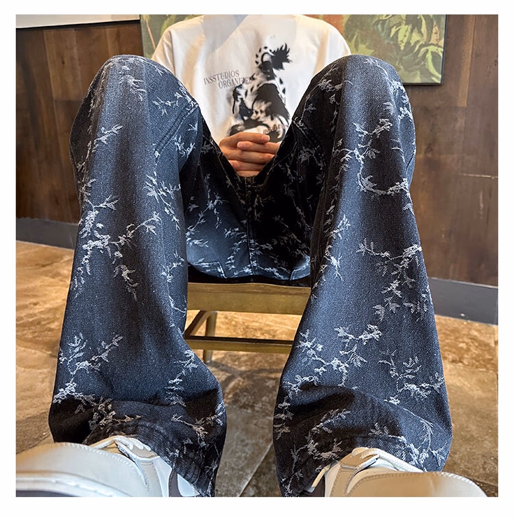 Bramble Jacquard Jeans Men's American Washed Retro Old Vibe Pants Loose Straight Wide-leg Casual Trousers, Light Blue S_viptrois.com