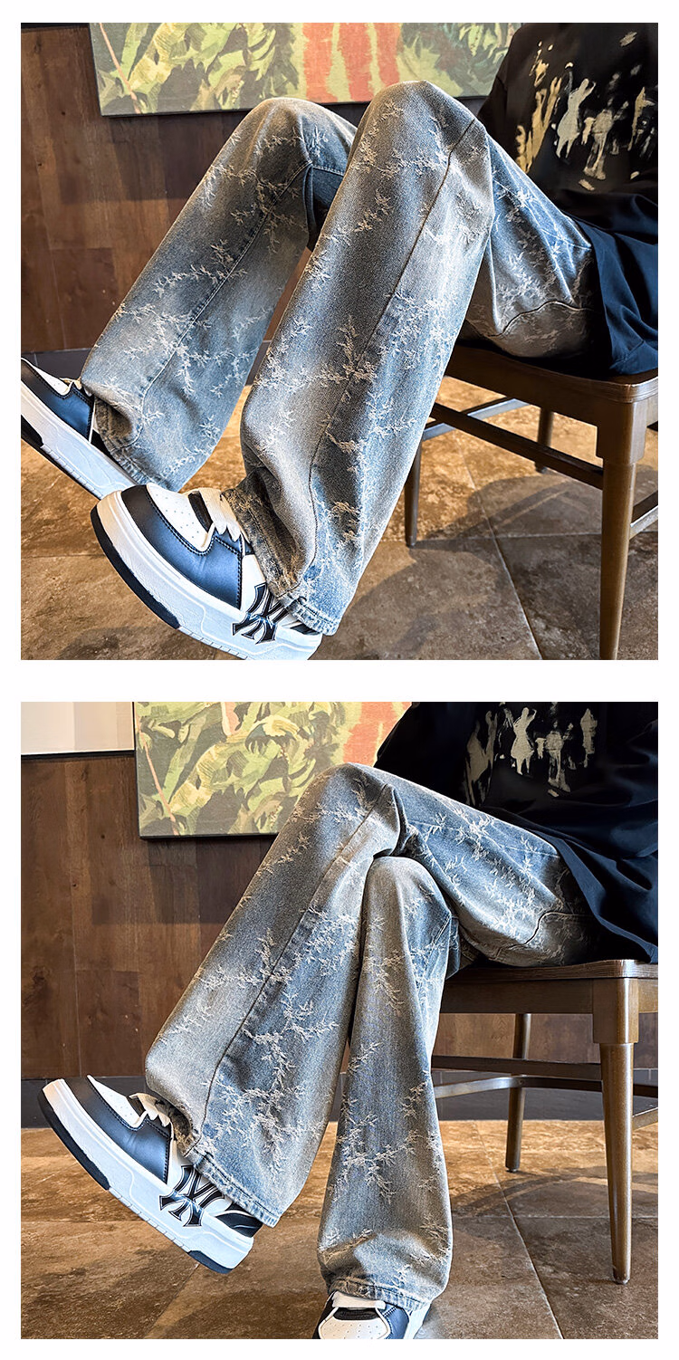 Bramble Jacquard Jeans Men's American Washed Retro Old Vibe Pants Loose Straight Wide-leg Casual Trousers, Light Blue S_viptrois.com