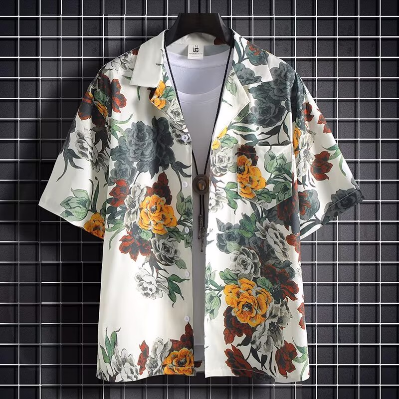 Flower Shirt Men's Short-sleeved 2025 Summer New Trendy Handsome Shirt Men's Casual Loose Half-sleeved Top And Jacket C112 White 3XL_viptrois.com