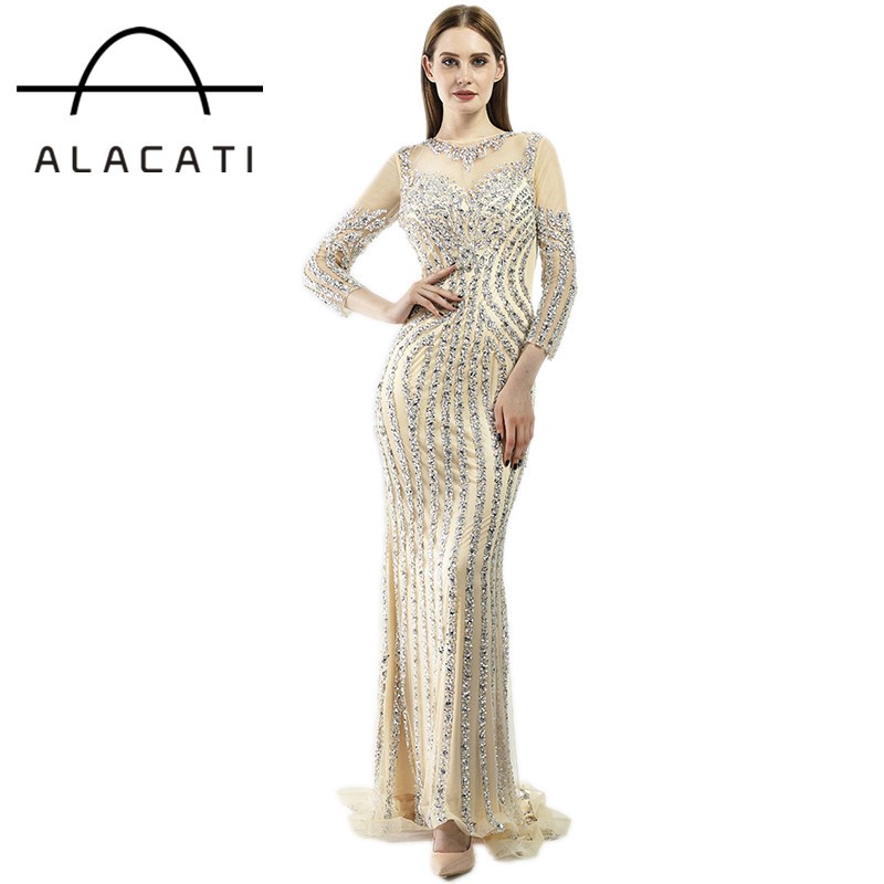 

ALACATI золото, Роскошные длинные рукава Sexy Diamond Sequined Русалка Вечерние платья