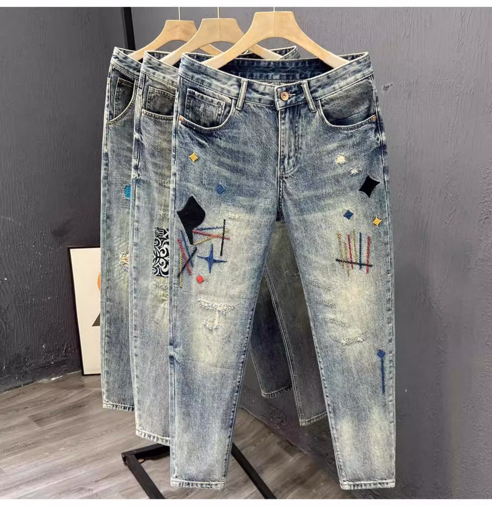 Ripped Jeans Men's Summer Trendy Brand Retro Embroidered Casual Pants Student Ruffian Handsome Straight Slim-fitting Pants, Blue 31_viptrois.com