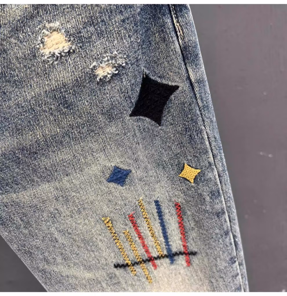 Ripped Jeans Men's Summer Trendy Brand Retro Embroidered Casual Pants Student Ruffian Handsome Straight Slim-fitting Pants, Blue 31_viptrois.com