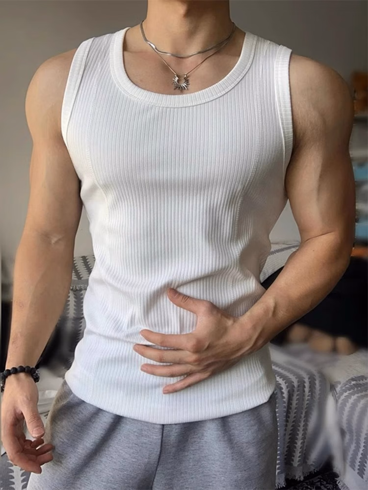 Ice Silk Threaded Vest Men's Summer Slim Fit Muscle Sleeveless T-Shirt American Fitness Undershirt, White XL_viptrois.com