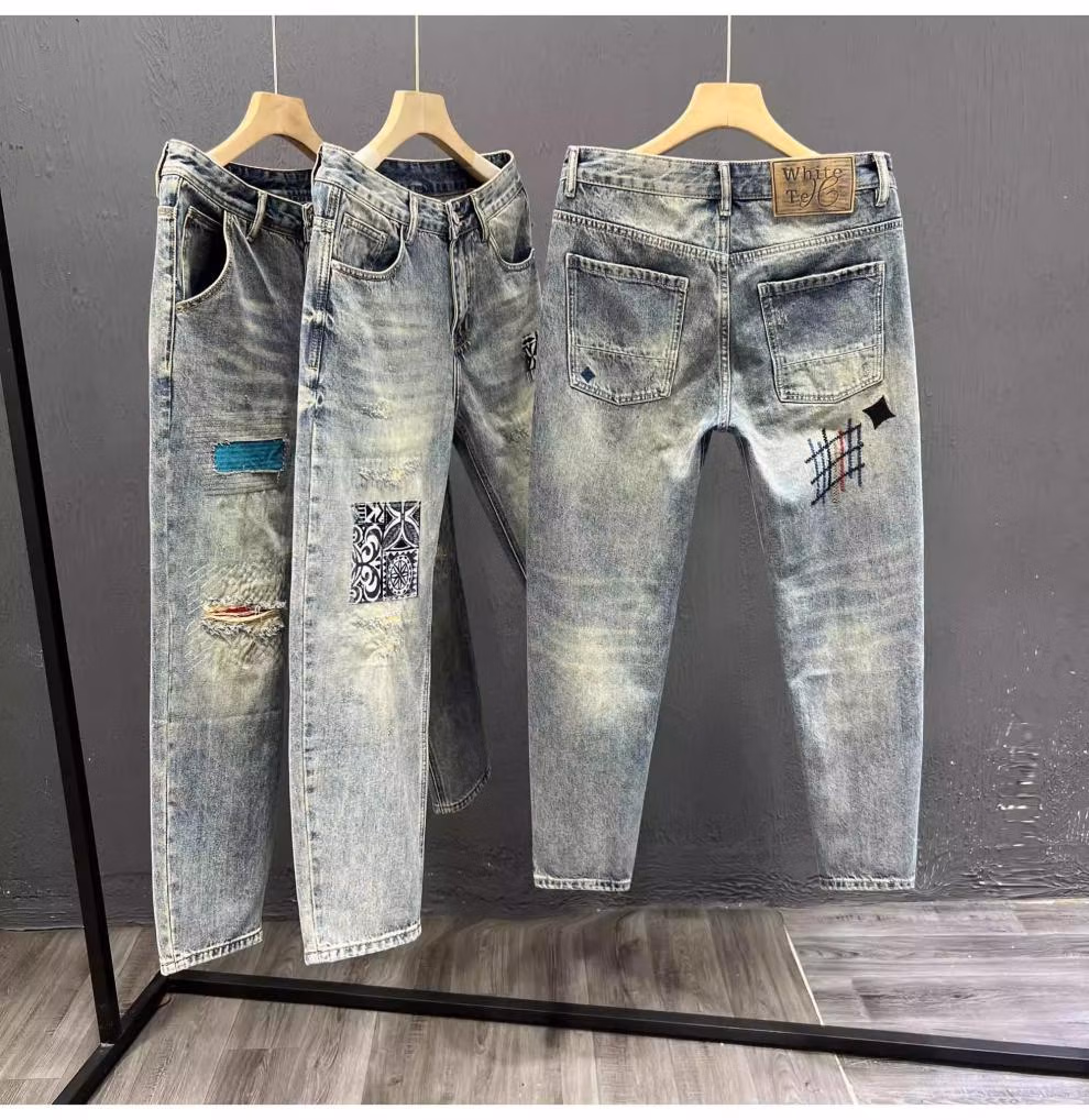 Ripped Jeans Men's Summer Trendy Brand Retro Embroidered Casual Pants Student Ruffian Handsome Straight Slim-fitting Pants, Blue 31_viptrois.com