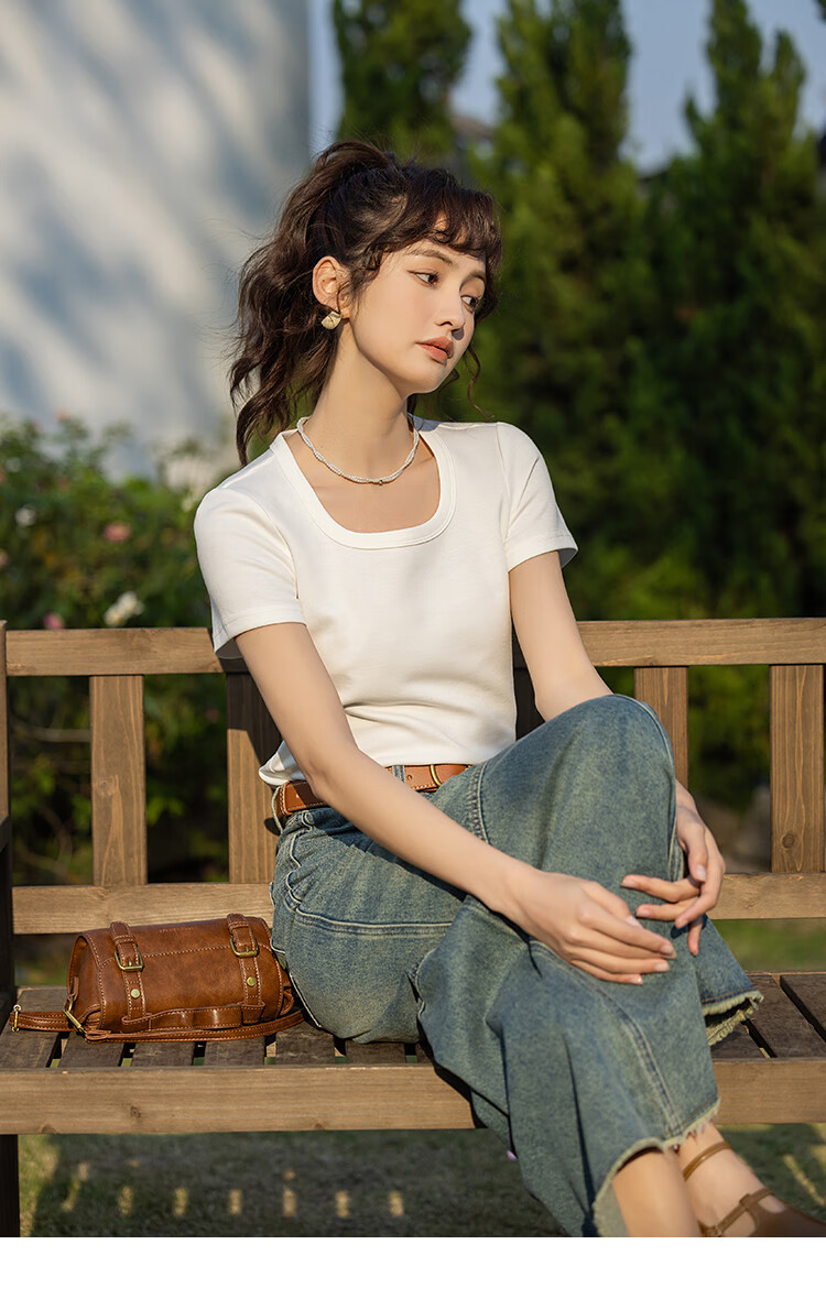 Mishow [] Women's Square Neck Short Sleeve T-Shirt 2026 Spring Summer New High-End Crop Top 57