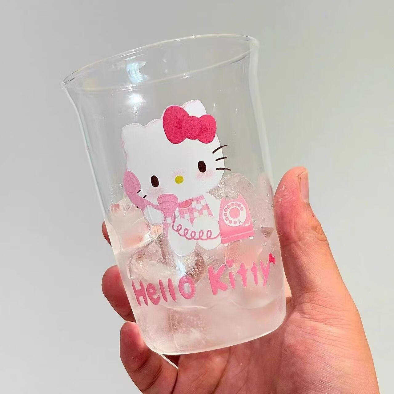 高硼硅玻璃耐热可爱三丽鸥kt猫印花玻璃杯女生水杯 kt粉猫 460ml