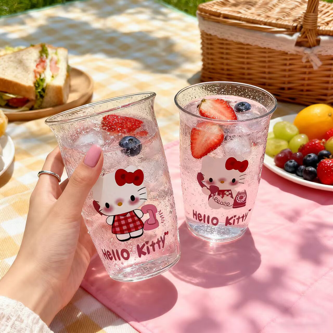 高硼硅玻璃耐热可爱三丽鸥kt猫印花玻璃杯女生水杯 kt粉猫 460ml