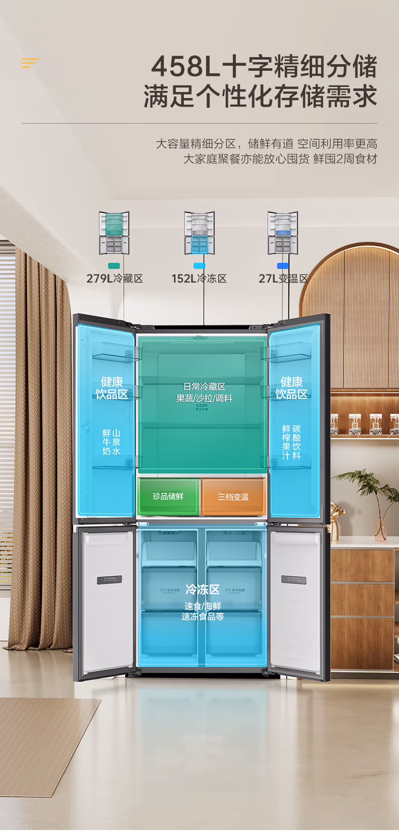 容声冰箱十字开BCD-458E30CZGAZ