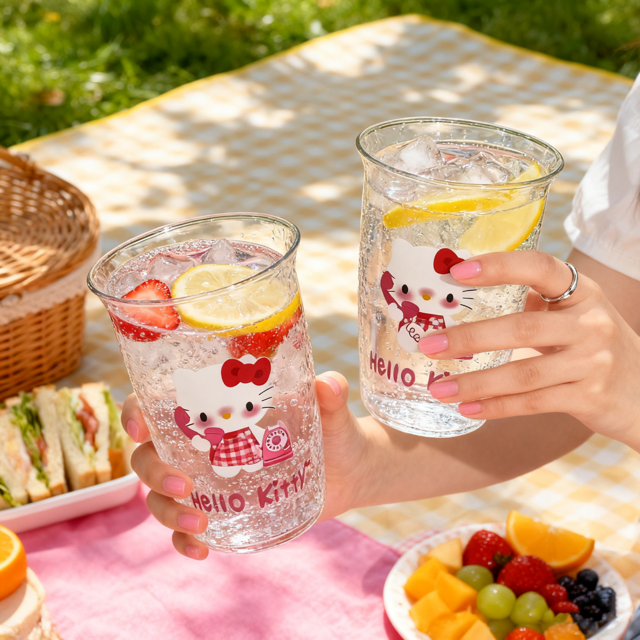 高硼硅玻璃耐热可爱三丽鸥kt猫印花玻璃杯女生水杯 kt粉猫 460ml